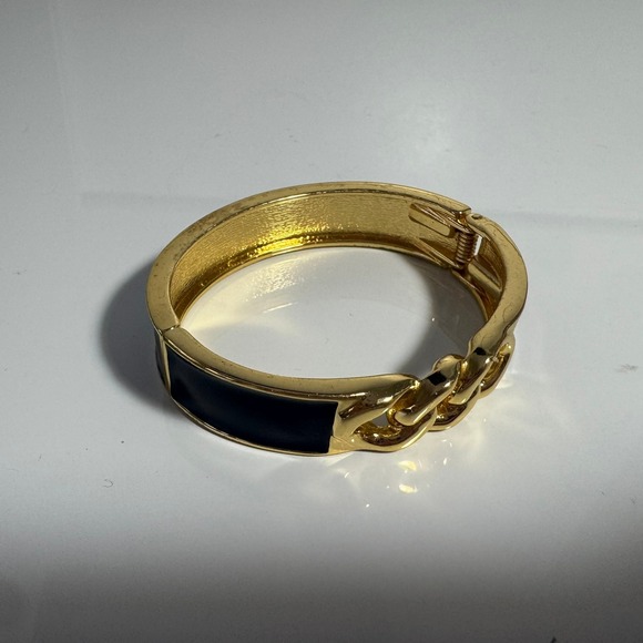 Gold Tone Navy Enamel Link Hinged Bangle Bracelet - Picture 4 of 7